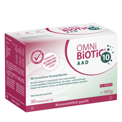 Sie sehen eine Packung OMNi-BiOTiC® 10 AAD, 30 Sachets a 5g, Produktbild: 01 OMNi-BiOTiC® 10 AAD, 30 Sachets a 5g, A-Nr.: 4797165 - 01