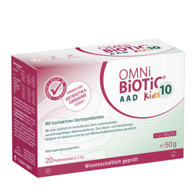 Sie sehen eine Packung OMNi-BiOTiC® 10 AAD Kids, Produktbild: 01 OMNi-BiOTiC® 10 AAD Kids, A-Nr.: 5804571 - 01