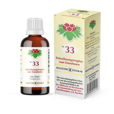 Sie sehen eine Packung Magister Doskar Nr. 33 Entwöhnungstropfen zum Einnehmen, Produktbild: 01 Magister Doskar Nr. 33 Entwöhnungstropfen zum Einnehmen, A-Nr.: 0721722 - 01