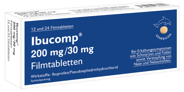 Sie sehen eine Packung Ibucomp® lindert Erkältungssymptome, Produktbild: 01 Ibucomp® lindert Erkältungssymptome, A-Nr.: 5529337 - 01