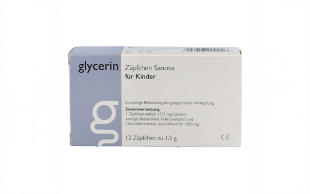 Sie sehen eine Packung Glycerin Zäpfchen Sanova MP für Kinder, Produktbild: 01 Glycerin Zäpfchen Sanova MP für Kinder, A-Nr.: 5947307 - 01