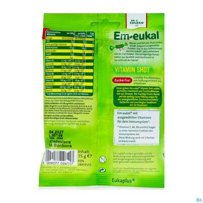 Sie sehen eine Packung Em-eukal Bonbons Zuckerfrei Vitamin Shot Sauer 75g, Produktbild: 04 Em-eukal Bonbons Zuckerfrei Vitamin Shot Sauer 75g, A-Nr.: 5899525 - 04