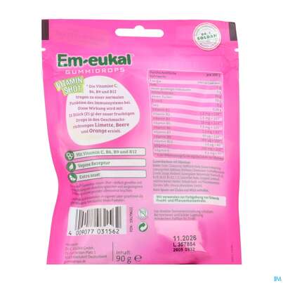 Sie sehen eine Packung Em-eukal Gummidrops Vitamin Shot Sauer Vegan 90g, Produktbild: 03 Em-eukal Gummidrops Vitamin Shot Sauer Vegan 90g, A-Nr.: 5899554 - 03