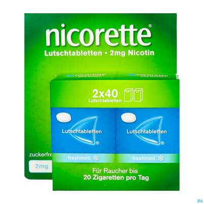 Sie sehen eine Packung Nicorette Lutschtabl Freshmint 2mg 80st, Produktbild: 01 Nicorette Lutschtabl Freshmint 2mg 80st, A-Nr.: 5530151 - 01