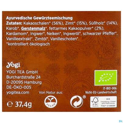 Sie sehen eine Packung Yogi Tea Bio Schoko 37,4g 17st, Produktbild: 05 Yogi Tea Bio Schoko 37,4g 17st, A-Nr.: 5749783 - 05