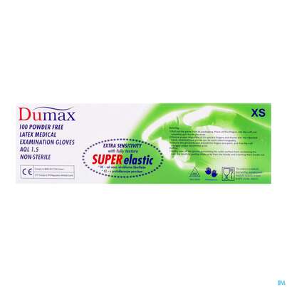 Sie sehen eine Packung Untersuchungshandschuhe -dumax Latex Puderfrei Xs 100st, Produktbild: 05 Untersuchungshandschuhe -dumax Latex Puderfrei Xs 100st, A-Nr.: 2995435 - 05