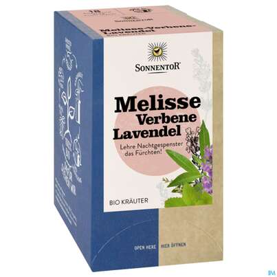Sie sehen eine Packung Sonnentor Aufgussbeutel/bio Melisse-verbene-lavendel 02336 18st, Produktbild: 01 Sonnentor Aufgussbeutel/bio Melisse-verbene-lavendel 02336 18st, A-Nr.: 5913076 - 01