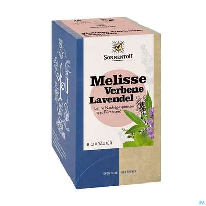 Sie sehen eine Packung Sonnentor Aufgussbeutel/bio Melisse-verbene-lavendel 02336 18st, Produktbild: 02 Sonnentor Aufgussbeutel/bio Melisse-verbene-lavendel 02336 18st, A-Nr.: 5913076 - 02