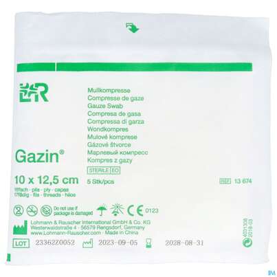 Sie sehen eine Packung Mullkompressen Gazin Baumw.17faedig Steril 16fach 12,5x10cm 5st, Produktbild: 03 Mullkompressen Gazin Baumw.17faedig Steril 16fach 12,5x10cm 5st, A-Nr.: 2570167 - 03