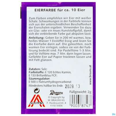 Sie sehen eine Packung Brauns Eierfarbe Violett 2g, Produktbild: 03 Brauns Eierfarbe Violett 2g, A-Nr.: 0216585 - 03