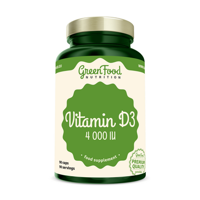Sie sehen eine Packung GreenFood Nutrition Vitamin D3 4000IU 90 Kapsel, Produktbild: 01 GreenFood Nutrition Vitamin D3 4000IU 90 Kapsel, A-Nr.: 6004358 - 01