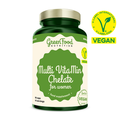 Sie sehen eine Packung GreenFood Nutrition Multi VitaMin Chelate Für Frauen 90 Kapseln, Produktbild: 01 GreenFood Nutrition Multi VitaMin Chelate Für Frauen 90 Kapseln, A-Nr.: 6004105 - 01