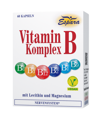 Sie sehen eine Packung Espara Vitamin B-Komplex Kapseln, Produktbild: 01 Espara Vitamin B-Komplex Kapseln, A-Nr.: 2483557 - 01