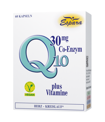 Sie sehen eine Packung Espara Q10 30mg Kapseln, Produktbild: 01 Espara Q10 30mg Kapseln, A-Nr.: 1646974 - 01