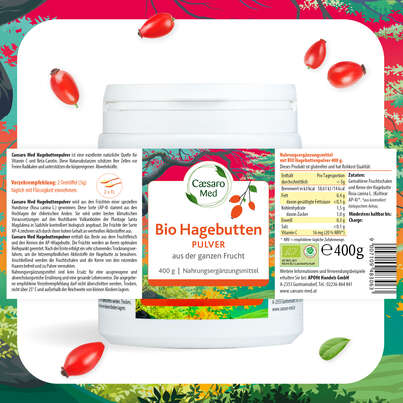 Sie sehen eine Packung Hagebuttenpulver Caesaro Med 400 g, Produktbild: 04 Hagebuttenpulver Caesaro Med 400 g, A-Nr.: 3148306 - 04