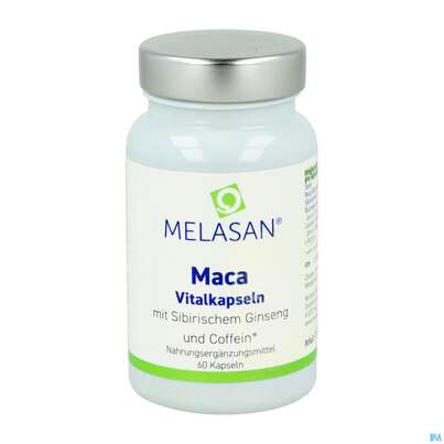Sie sehen eine Packung Maca Kapseln -melasan 550mg 60st, Produktbild: 01 Maca Kapseln -melasan 550mg 60st, A-Nr.: 2689856 - 01