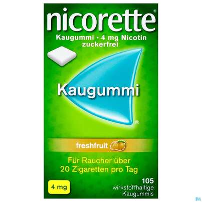 Sie sehen eine Packung Nicorette Kaugummi Z Raucherentw Freshfruit 4mg 105st, Produktbild: 01 Nicorette Kaugummi Z Raucherentw Freshfruit 4mg 105st, A-Nr.: 3500097 - 01