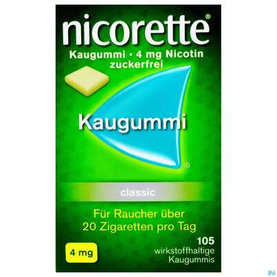 Sie sehen eine Packung Nicorette/classic Kaugummi Z Raucherentw 4mg 105st, Produktbild: 01 Nicorette/classic Kaugummi Z Raucherentw 4mg 105st, A-Nr.: 0694178 - 01