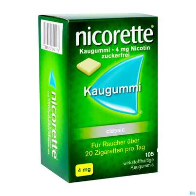 Sie sehen eine Packung Nicorette/classic Kaugummi Z Raucherentw 4mg 105st, Produktbild: 02 Nicorette/classic Kaugummi Z Raucherentw 4mg 105st, A-Nr.: 0694178 - 02