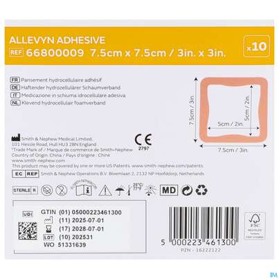 Sie sehen eine Packung Wundverband Allevyn/polyurethan Adhesive 7,5x 7,5cm -tam 10st, Produktbild: 10 Wundverband Allevyn/polyurethan Adhesive 7,5x 7,5cm -tam 10st, A-Nr.: 4736620 - 10