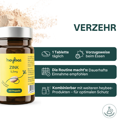 Sie sehen eine Packung Zink 5.3mg + Propolis, Produktbild: 04 Zink 5.3mg + Propolis, A-Nr.: 6022758 - 04
