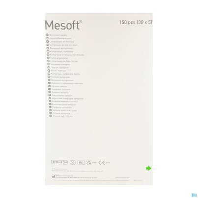 Sie sehen eine Packung Vlieskompressen Mesoft/set Steril 10x 10cm 150st (30x5), Produktbild: 07 Vlieskompressen Mesoft/set Steril 10x 10cm 150st (30x5), A-Nr.: 1652331 - 07