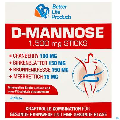 Sie sehen eine Packung D-mannose Sticks/1500mg +cranberry +vit C+birkenblaett150mg +brunnenkresse 150mg 30st, Produktbild: 01 D-mannose Sticks/1500mg +cranberry +vit C+birkenblaett150mg +brunnenkresse 150mg 30st, A-Nr.: 5904829 - 01