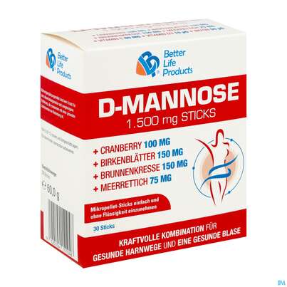 Sie sehen eine Packung D-mannose Sticks/1500mg +cranberry +vit C+birkenblaett150mg +brunnenkresse 150mg 30st, Produktbild: 02 D-mannose Sticks/1500mg +cranberry +vit C+birkenblaett150mg +brunnenkresse 150mg 30st, A-Nr.: 5904829 - 02