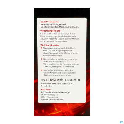 Sie sehen eine Packung Euviril Kapseln Testoforte N 120st, Produktbild: 06 Euviril Kapseln Testoforte N 120st, A-Nr.: 4518225 - 06