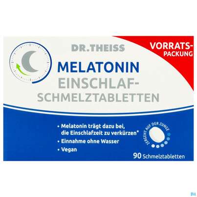 Sie sehen eine Packung Melatonin Einschlaf-schmelztabl Dr.theiss 90st, Produktbild: 01 Melatonin Einschlaf-schmelztabl Dr.theiss 90st, A-Nr.: 5876547 - 01