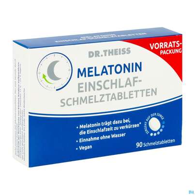 Sie sehen eine Packung Melatonin Einschlaf-schmelztabl Dr.theiss 90st, Produktbild: 02 Melatonin Einschlaf-schmelztabl Dr.theiss 90st, A-Nr.: 5876547 - 02