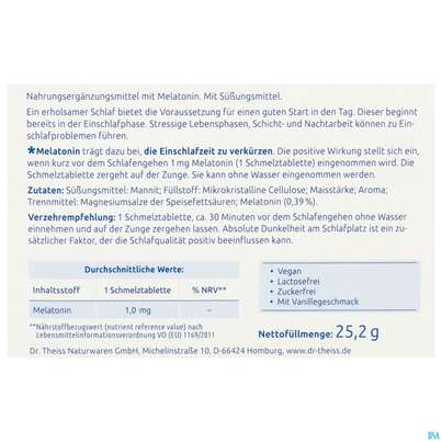 Sie sehen eine Packung Melatonin Einschlaf-schmelztabl Dr.theiss 90st, Produktbild: 04 Melatonin Einschlaf-schmelztabl Dr.theiss 90st, A-Nr.: 5876547 - 04