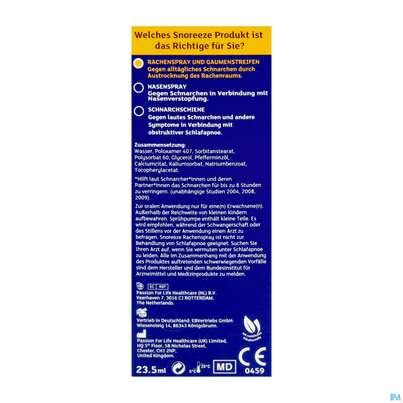 Sie sehen eine Packung Snoreeze Rachenspray -ebvertrieb 23,5ml, Produktbild: 03 Snoreeze Rachenspray -ebvertrieb 23,5ml, A-Nr.: 5670461 - 03