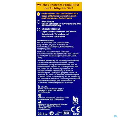 Sie sehen eine Packung Snoreeze Rachenspray -ebvertrieb 23,5ml, Produktbild: 04 Snoreeze Rachenspray -ebvertrieb 23,5ml, A-Nr.: 5670461 - 04