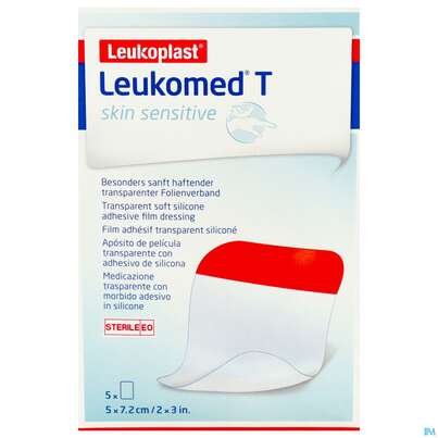 Sie sehen eine Packung Wundverband Leukomed/t Skin Sensitive Folienverband O.auflage Steril 5x7,2 Cm 5st, Produktbild: 01 Wundverband Leukomed/t Skin Sensitive Folienverband O.auflage Steril 5x7,2 Cm 5st, A-Nr.: 5267653 - 01