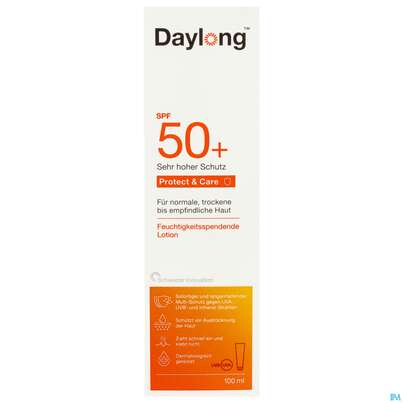 Sie sehen eine Packung Sonnenprodukte Daylong Protect & Care Lotion Spf50+ 100ml, Produktbild: 01 Sonnenprodukte Daylong Protect & Care Lotion Spf50+ 100ml, A-Nr.: 5688018 - 01