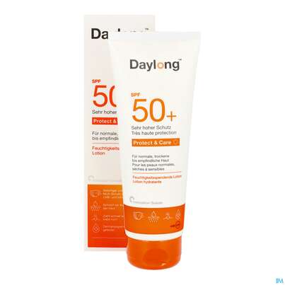 Sie sehen eine Packung Sonnenprodukte Daylong Protect & Care Lotion Spf50+ 100ml, Produktbild: 12 Sonnenprodukte Daylong Protect & Care Lotion Spf50+ 100ml, A-Nr.: 5688018 - 12