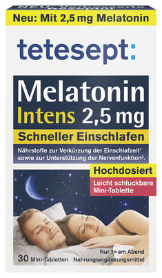 Sie sehen eine Packung TETESEPT Melatonin Intens 2,5MG FTA 30ST, Produktbild: 01 TETESEPT Melatonin Intens 2,5MG FTA 30ST, A-Nr.: 6039078 - 01