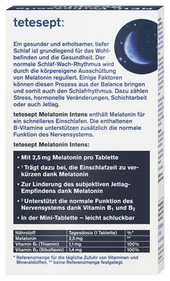 Sie sehen eine Packung TETESEPT Melatonin Intens 2,5MG FTA 30ST, Produktbild: 03 TETESEPT Melatonin Intens 2,5MG FTA 30ST, A-Nr.: 6039078 - 03