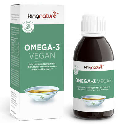 Sie sehen eine Packung KINGNATURE Omega-3 vegan liq Fl 150 ml, Produktbild: 01 KINGNATURE Omega-3 vegan liq Fl 150 ml, A-Nr.: 5681281 - 01