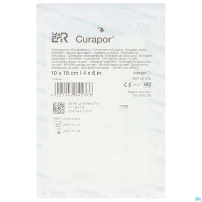 Sie sehen eine Packung Wundverband Curapor Steril Chirurgisch 10x 15cm 1st, Produktbild: 02 Wundverband Curapor Steril Chirurgisch 10x 15cm 1st, A-Nr.: 4534187 - 02
