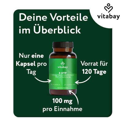Sie sehen eine Packung Vitabay 5-HTP - 100 mg aus Griffonia mit Vitamin B6, Produktbild: 06 Vitabay 5-HTP - 100 mg aus Griffonia mit Vitamin B6, A-Nr.: 6048999 - 06