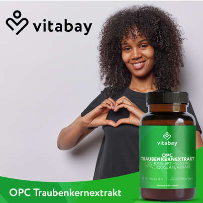 Sie sehen eine Packung Vitabay OPC Traubenkernextrakt Hochdosiert - 1000 MG, Produktbild: 02 Vitabay OPC Traubenkernextrakt Hochdosiert - 1000 MG, A-Nr.: 6049266 - 02