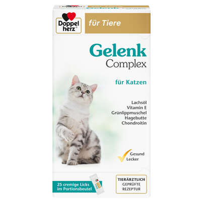 Sie sehen eine Packung Doppelherz für Tiere Gelenk Complex für Katzen - Cremige Licks, Produktbild: 01 Doppelherz für Tiere Gelenk Complex für Katzen - Cremige Licks, A-Nr.: 5678439 - 01