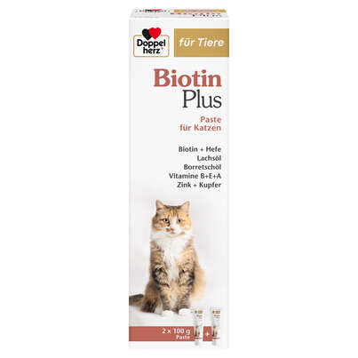 Sie sehen eine Packung Doppelherz für Tiere Biotin Plus für Katzen, Produktbild: 01 Doppelherz für Tiere Biotin Plus für Katzen, A-Nr.: 6000610 - 01