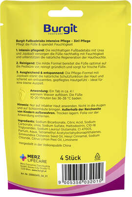 Sie sehen eine Packung Burgit Fußbadetabs Intens. Pflege 4x20g, Produktbild: 02 Burgit Fußbadetabs Intens. Pflege 4x20g, A-Nr.: 6118205 - 02