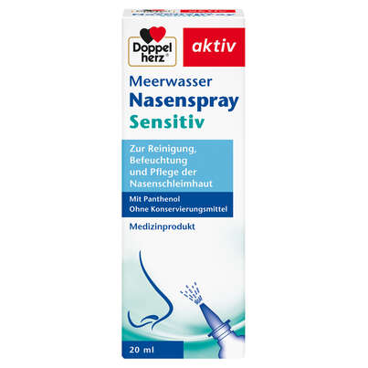 Sie sehen eine Packung Doppelherz Meerwasser Nasenspray Sensitiv mit Panthenol, Produktbild: 01 Doppelherz Meerwasser Nasenspray Sensitiv mit Panthenol, A-Nr.: 5677078 - 01