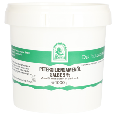 Sie sehen eine Packung PETERSILIENSAMENÖL SALBE 5% 1000G, Produktbild: 01 PETERSILIENSAMENÖL SALBE 5% 1000G, A-Nr.: 5802572 - 01