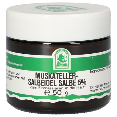 Sie sehen eine Packung MUSKATELLERSALBEIÖL SALBE 5% 50 G, Produktbild: 01 MUSKATELLERSALBEIÖL SALBE 5% 50 G, A-Nr.: 5357942 - 01
