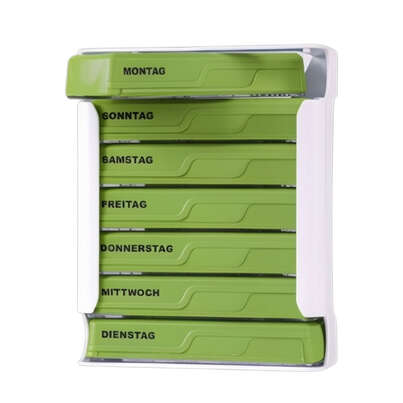 Sie sehen eine Packung APOfit Wochendispenser 7 Dosierer Planer grün, Produktbild: 01 APOfit Wochendispenser 7 Dosierer Planer grün, A-Nr.: 6103391 - 01